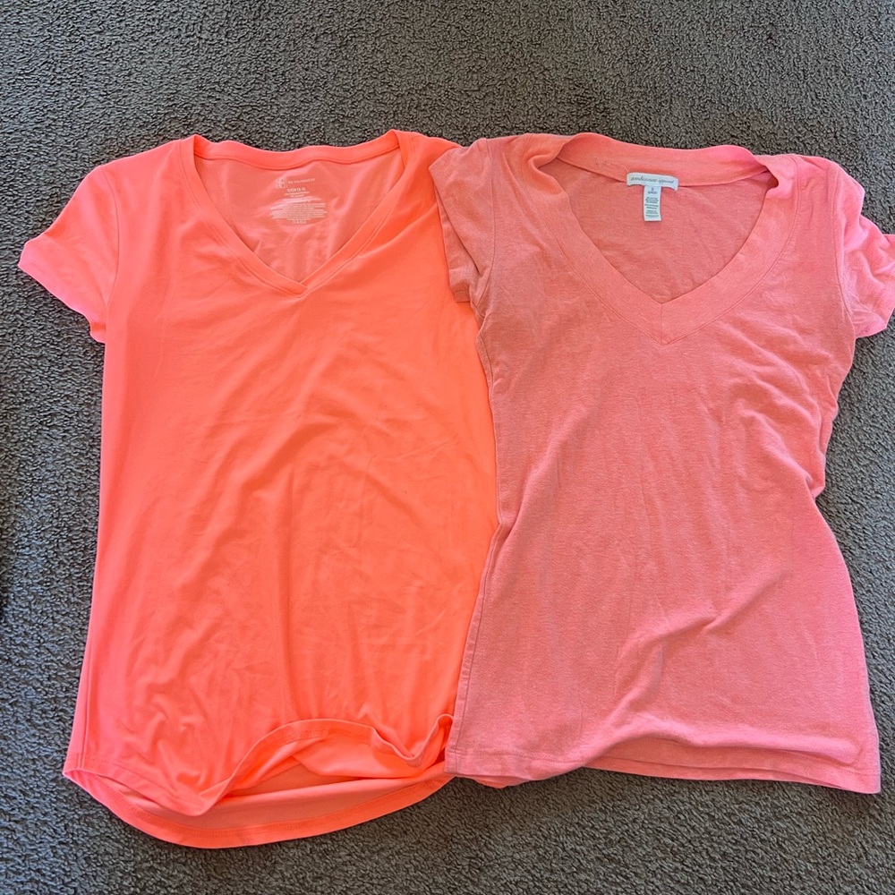 Two V-Neck Tees in Bright Coral and Soft Pink